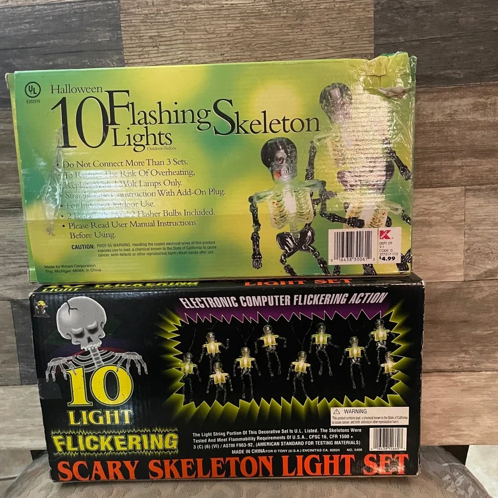 Vintage Halloween Skeleton String Lights Set of 2 Kmart Flashing Flickering 10ct